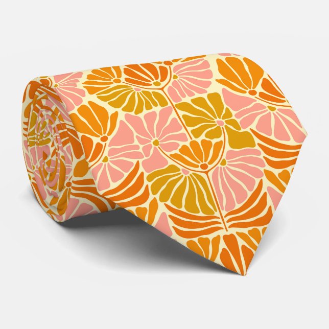 Colorful Retro Flowers Neck Tie (Rolled)