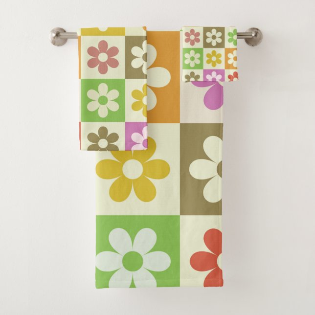 Colorful Retro Flowers on Checkerboard Pattern  Bath Towel Set (Insitu)