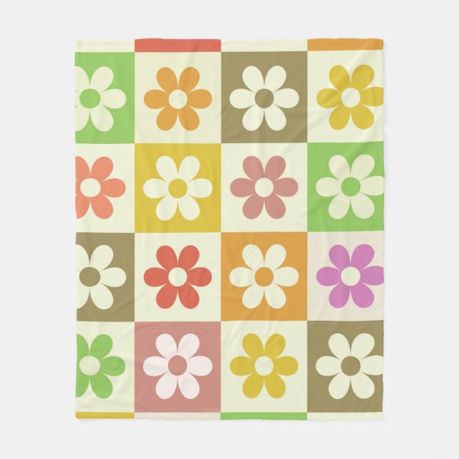 Colorful Retro Flowers on Checkerboard Pattern  Fleece Blanket (Front)