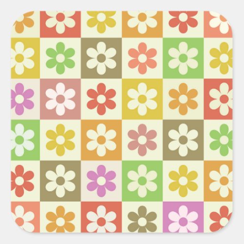 Colorful Retro Flowers on Checkerboard Pattern  Square Sticker