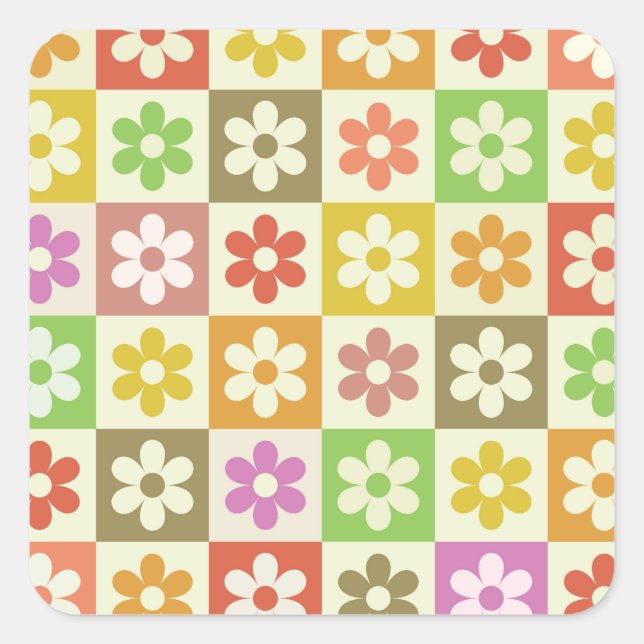 Colorful Retro Flowers on Checkerboard Pattern  Square Sticker (Front)