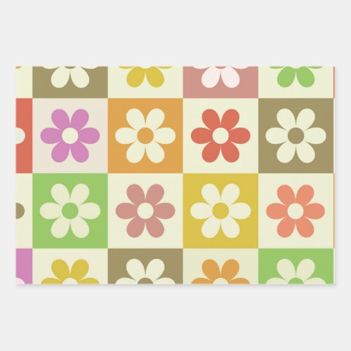 Colorful Retro Flowers on Checkerboard Pattern  Wrapping Paper Sheets