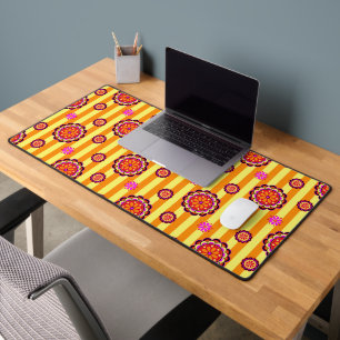 Colorful Retro Flowers on Stripes Desk Mat