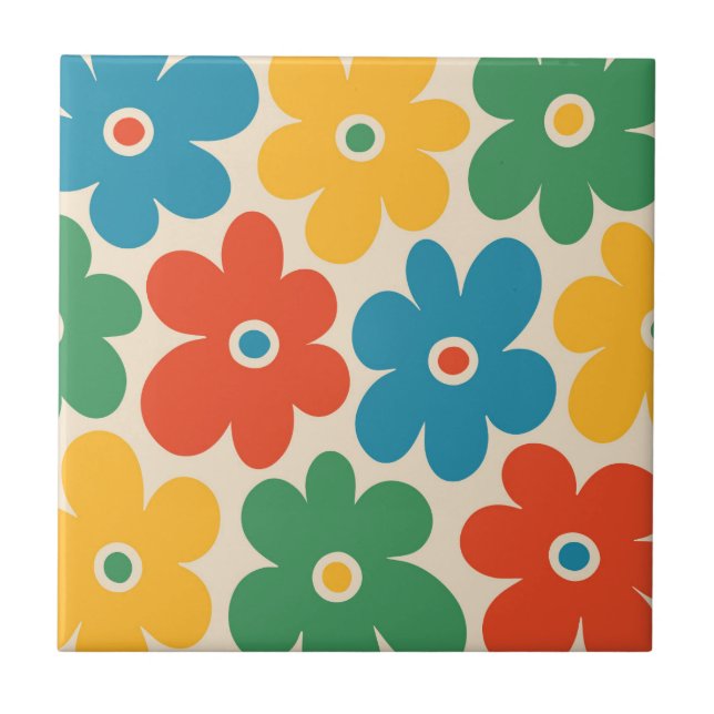 Colorful Retro Flowers Pattern Ceramic Tile (Front)