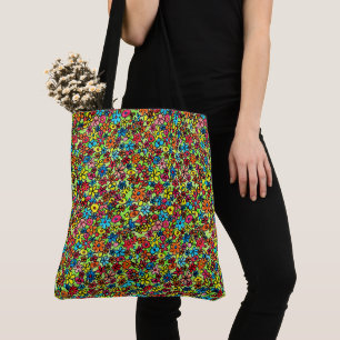 Colorful retro flowers pattern, hand drawn, tote bag