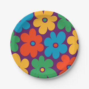Colorful Retro Flowers Pattern Paper Plates