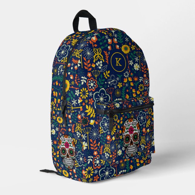 Colorful retro flowers pattern | retro skull printed backpack (Back Corner Left)