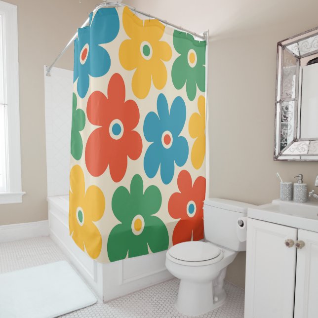 Colorful Retro Flowers Pattern Shower Curtain (In Situ)