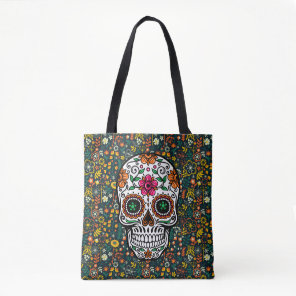 Colorful Retro Flowers Pattern & Sugar Skull Tote Bag