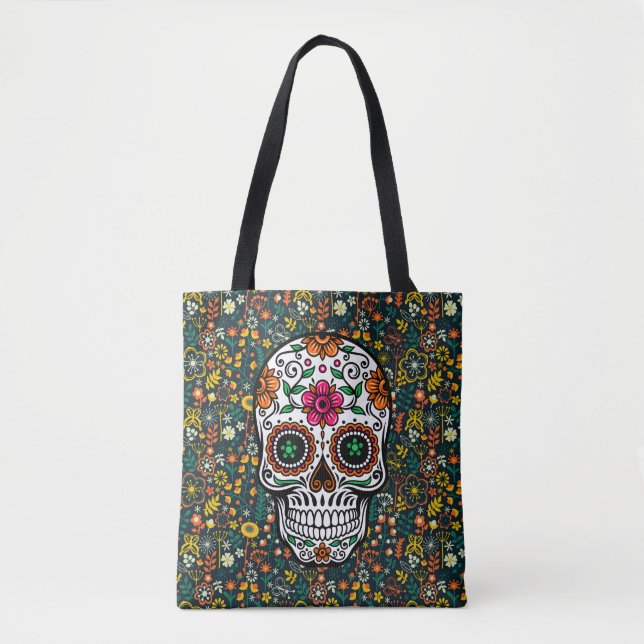 Colorful Retro Flowers Pattern & Sugar Skull Tote Bag (Front)