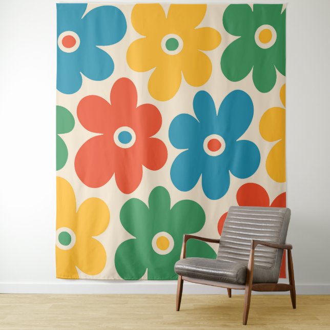 Colorful Retro Flowers Pattern Tapestry (In Situ)