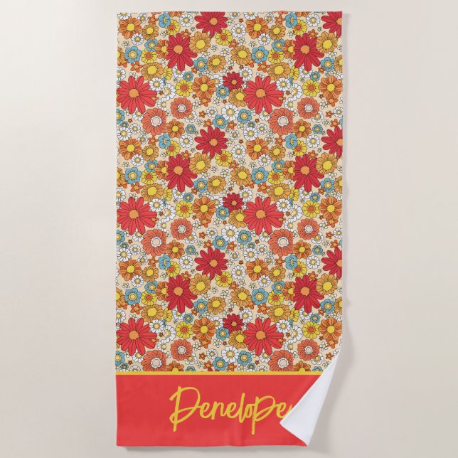 Colorful Retro Flowers - Personalized  Beach Towel (Front)