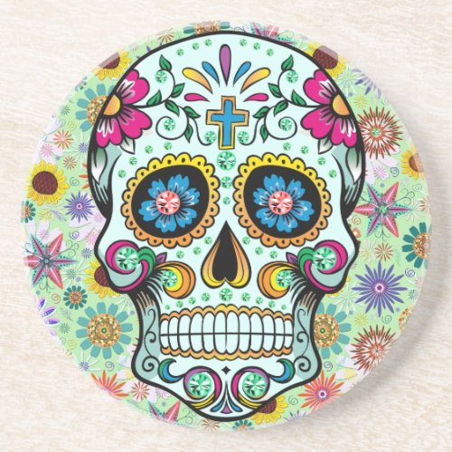 Colorful Retro Flowers Skull 3 Coaster