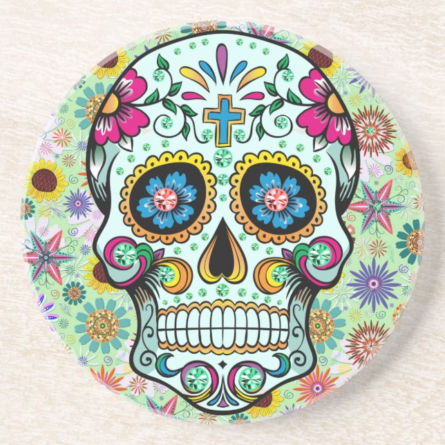 Colorful Retro Flowers Skull 3 Coaster (Front)