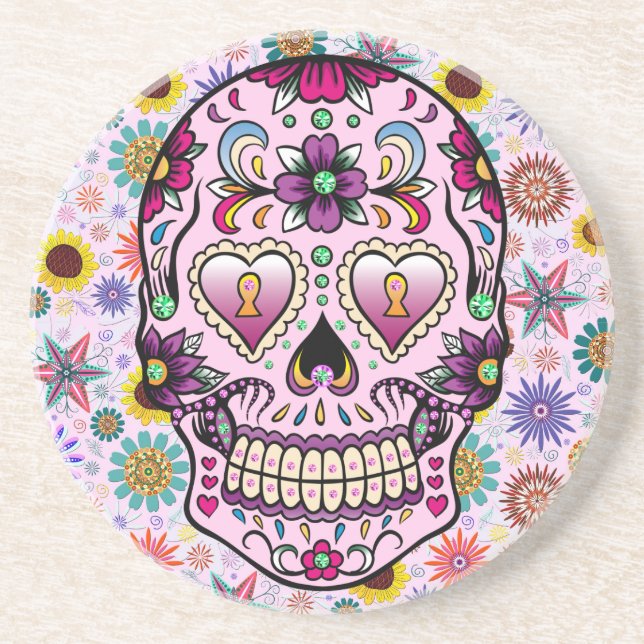 Colorful Retro Flowers Skull Coaster (Front)