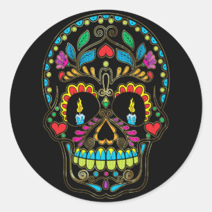 Colorful Retro Flowers Sugar Skull Classic Round Sticker