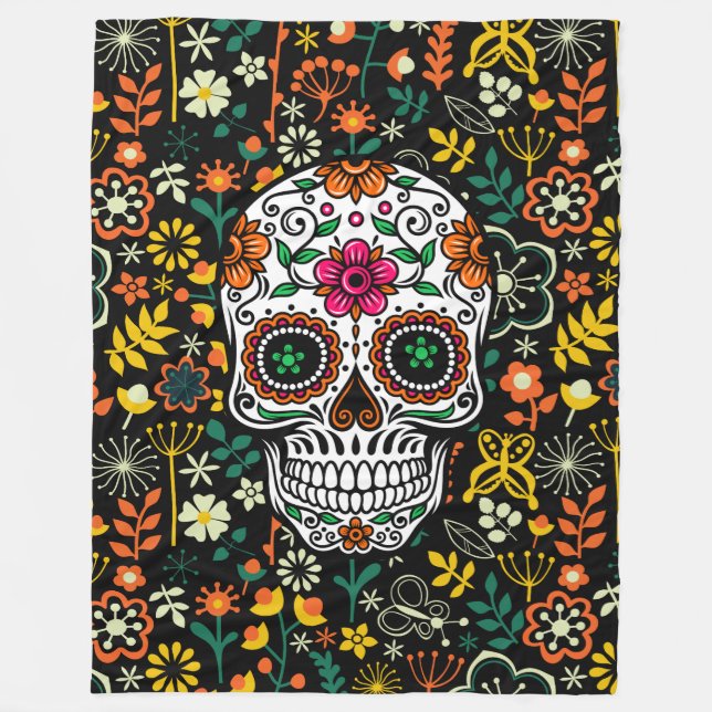 Colorful Retro Flowers Sugar Skull Fleece Blanket (Front)