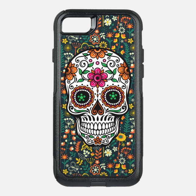 Colorful Retro Flowers & Sugar Skull Illustration Otterbox iPhone Case (Back)