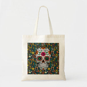Colorful Retro Flowers & Sugar Skull Tote Bag