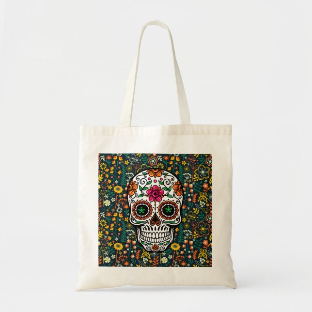 Colorful Retro Flowers & Sugar Skull Tote Bag (Front)