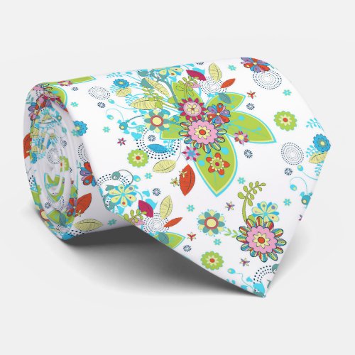 Colorful Retro Flowers  Swirls Pattern Tie