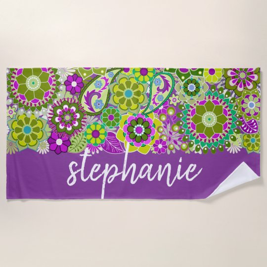 Colorful Retro Flowers With Monogram Beach Towel