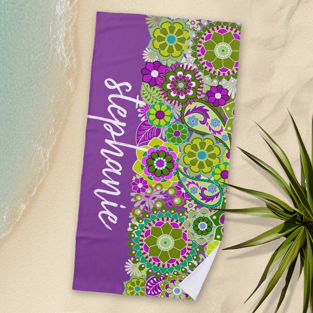 Colorful Retro Flowers with Monogram Beach Towel (Personalized Beach Towel)