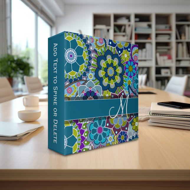 Colorful Retro Flowers with Monogram Binder (Personalized 3-ring binder - Add Your Name and Other Text)