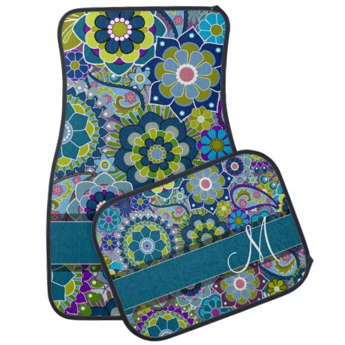 Colorful Retro Flowers with Monogram Car Mat