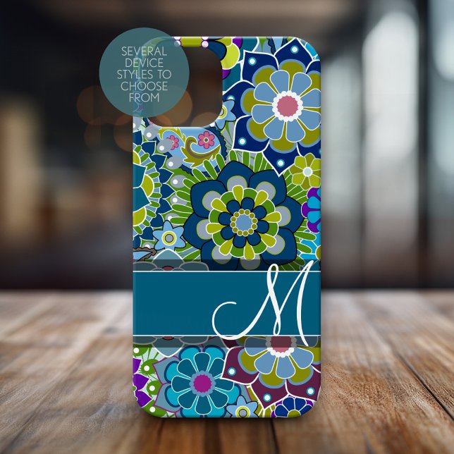 Colorful Retro Flowers with Monogram Case-Mate iPhone Case (Personalized Phone Case with Monogram)