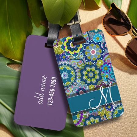 Colorful Retro Flowers With Monogram Luggage Tag