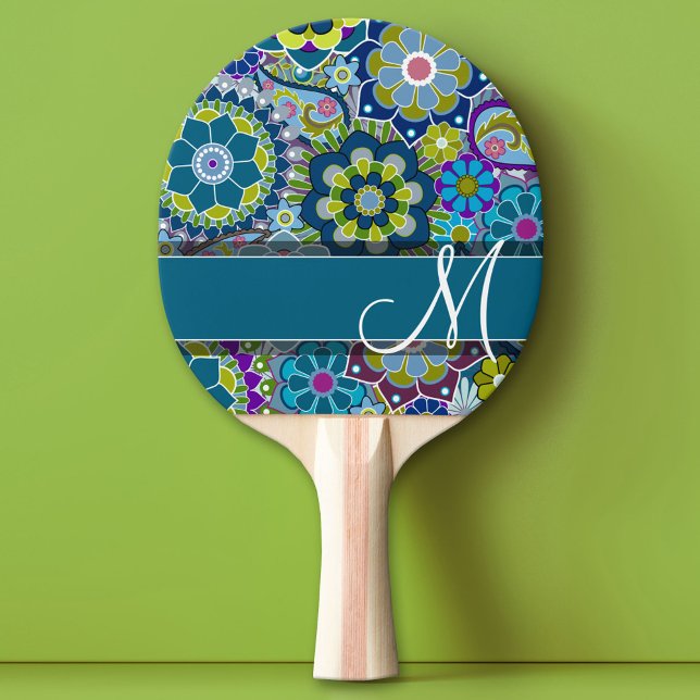 Colorful Retro Flowers with Monogram Ping Pong Paddle (Custom Monogram Ping Pong Paddle)