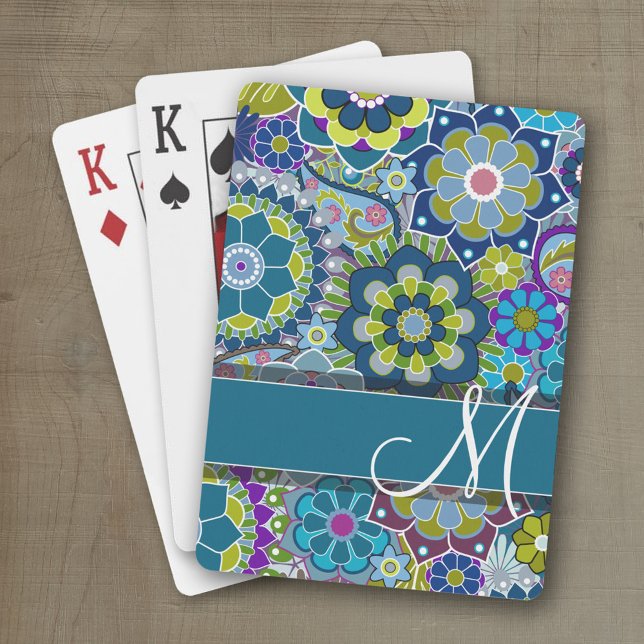 Colorful Retro Flowers with Monogram Poker Cards (Personalized playing cards with a funky floral pattern and a place for a name)