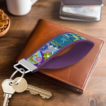 Colorful Retro Flowers With Monogram Wrist Keychain by icases at Zazzle
