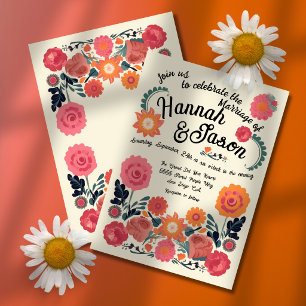 Colorful Retro Folk Art Floral Wedding Invitation