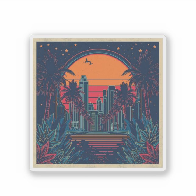 Colorful Retro Futuristic Doodle Style Skyline Sticker (Front)