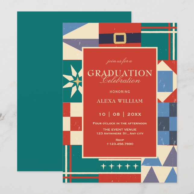 Colorful retro geometric graduation invitation (Front/Back)