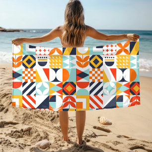 Colorful Retro Geometric Pattern Beach Towel
