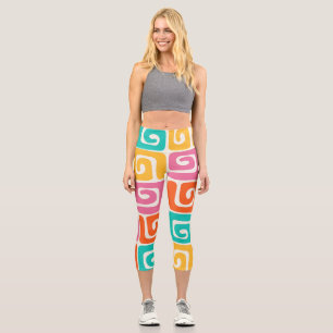Colorful Retro Geometric Swirls and Bold Vintage Capri Leggings
