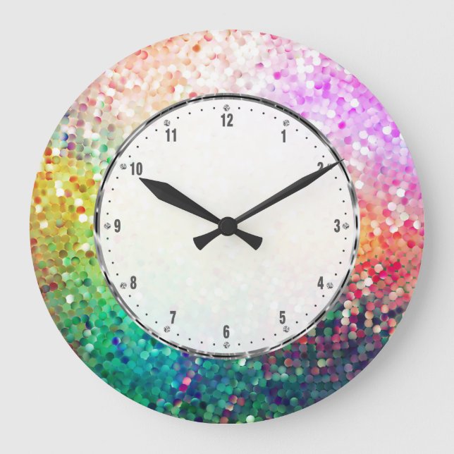 Colorful Retro Glitter Print Large Clock (Front)