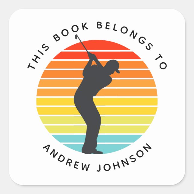 Colorful Retro Golfer Silhouette Name Bookplate (Front)