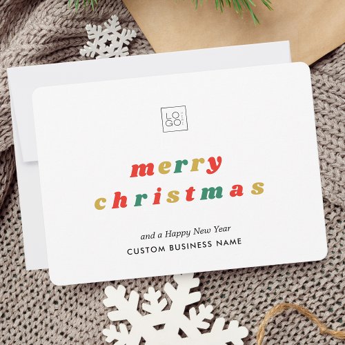 Colorful Retro Groovy Add Business Logo Christmas  Holiday Card