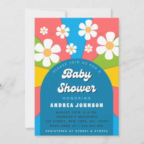 Colorful Retro Groovy Daisy Floral Baby Shower 70s Invitation