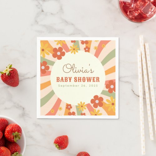 Colorful Retro Groovy Daisy Flower Baby Shower Napkins