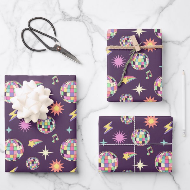 Colorful Retro Groovy Disco Pattern Wrapping Paper Sheets (Front)