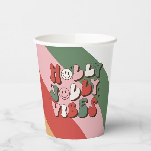 Colorful Retro Groovy Holly Jolly Vibes Christmas Paper Cups