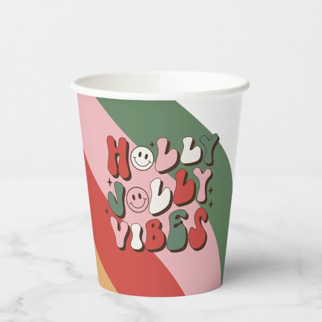 Colorful Retro Groovy Holly Jolly Vibes Christmas Paper Cups (Left)