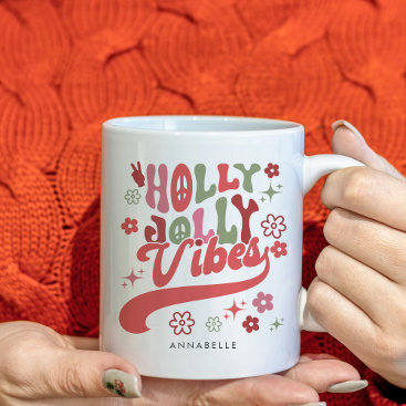 Colorful Retro Groovy Holly Jolly Vibes Holiday Coffee Mug