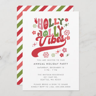 Colorful Retro Groovy Holly Jolly Vibes Holiday Invitation