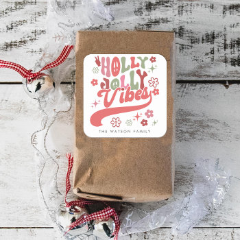Colorful Retro Groovy Holly Jolly Vibes Holiday Square Sticker by XmasMall at Zazzle